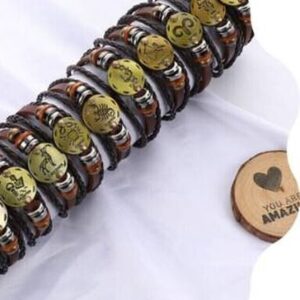 Bracelet Horoscope Signe Astrologique Zodiaque Cuir Tressé Marron pour Homme et Femme 12 Signes Cadeau