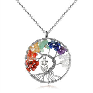Collier Arbre de Vie et Hibou, Pierres de Quartz Chakra Multicolores, Plaqué Argent, Chaîne 45 cm pour Femme — photo 4