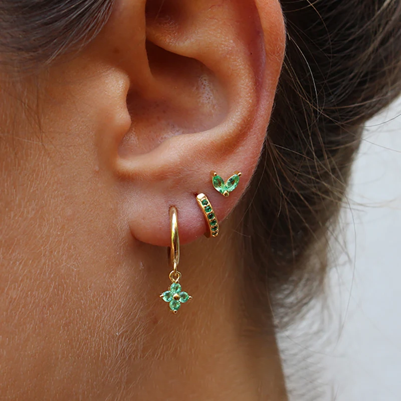 Set de 3 Boucles d'Oreilles Pendante Femme Acier Zircon Vert Fleur – Image 3
