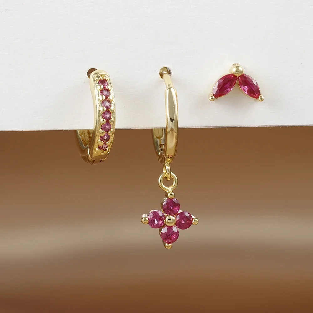 Set de 3 Boucles d'Oreilles Pendante Femme Acier Zircon Vert Fleur – Image 21