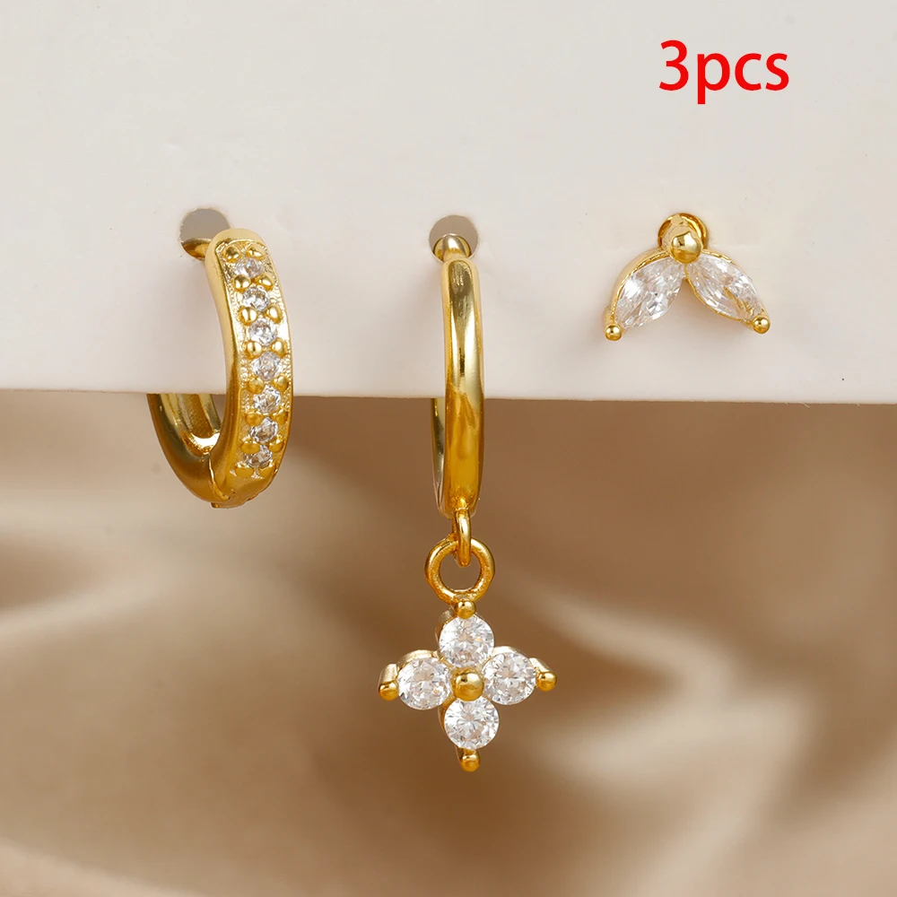 Set de 3 Boucles d'Oreilles Pendante Femme Acier Zircon Vert Fleur – Image 13