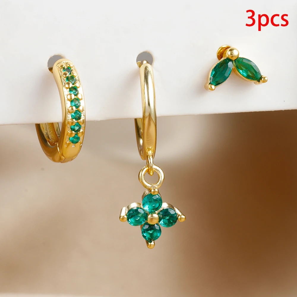 Set de 3 Boucles d'Oreilles Pendante Femme Acier Zircon Vert Fleur – Image 17