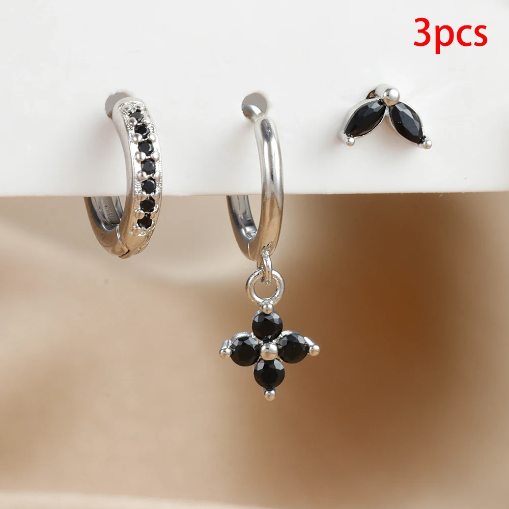 Set de 3 Boucles d'Oreilles Pendante Femme Acier Zircon Vert Fleur – Image 15
