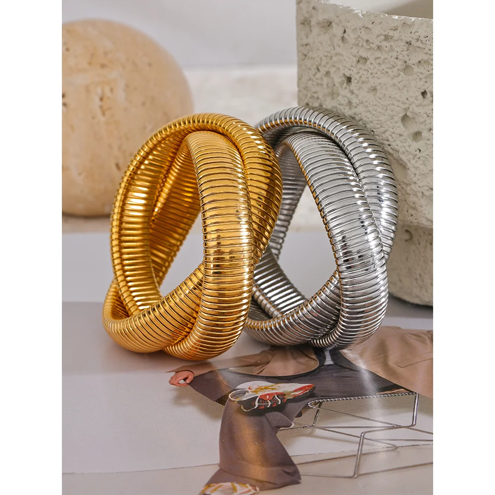 Bracelet Jonc Femme Acier Inoxydable Plaquage Or PVD Large – Image 3