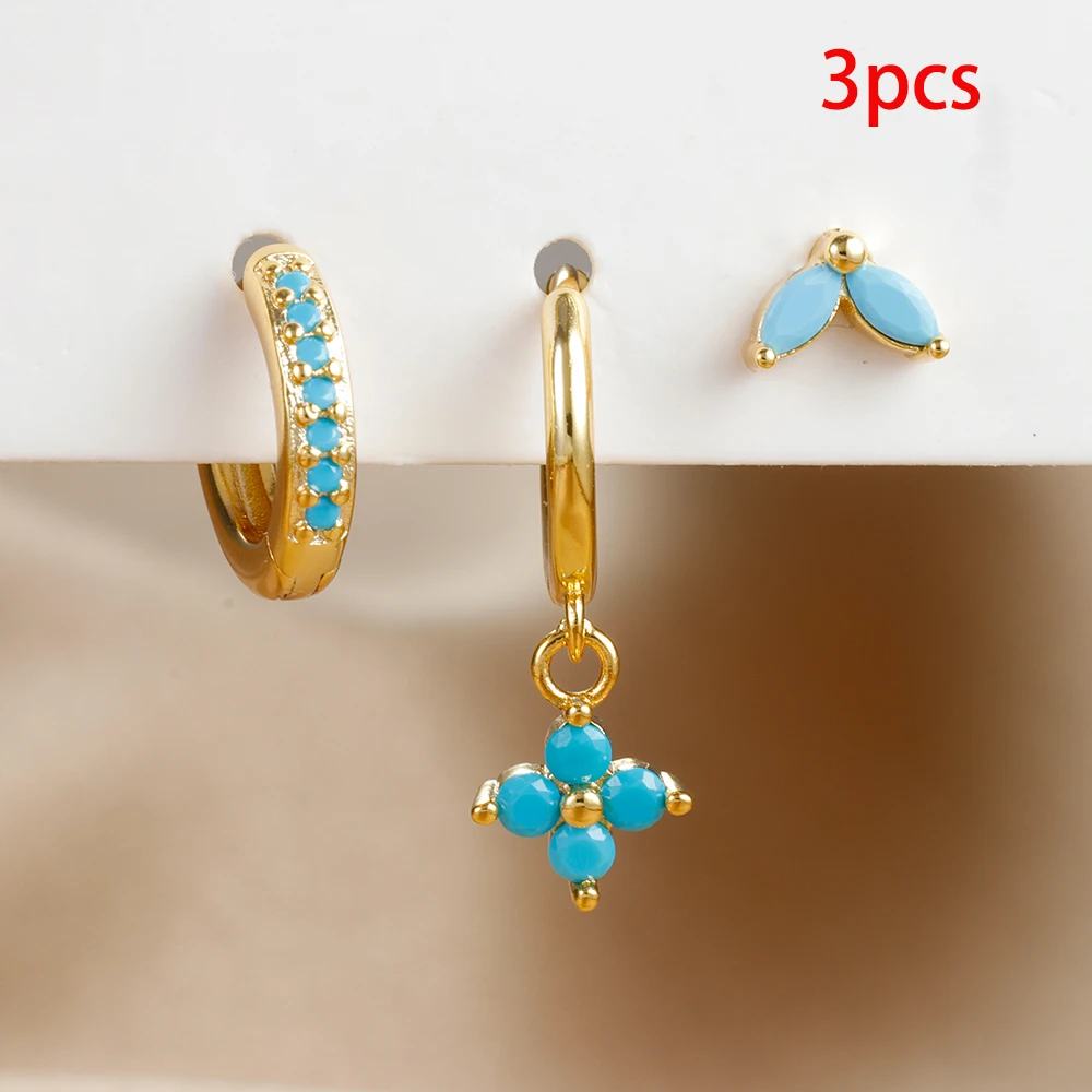 Set de 3 Boucles d'Oreilles Pendante Femme Acier Zircon Vert Fleur – Image 6