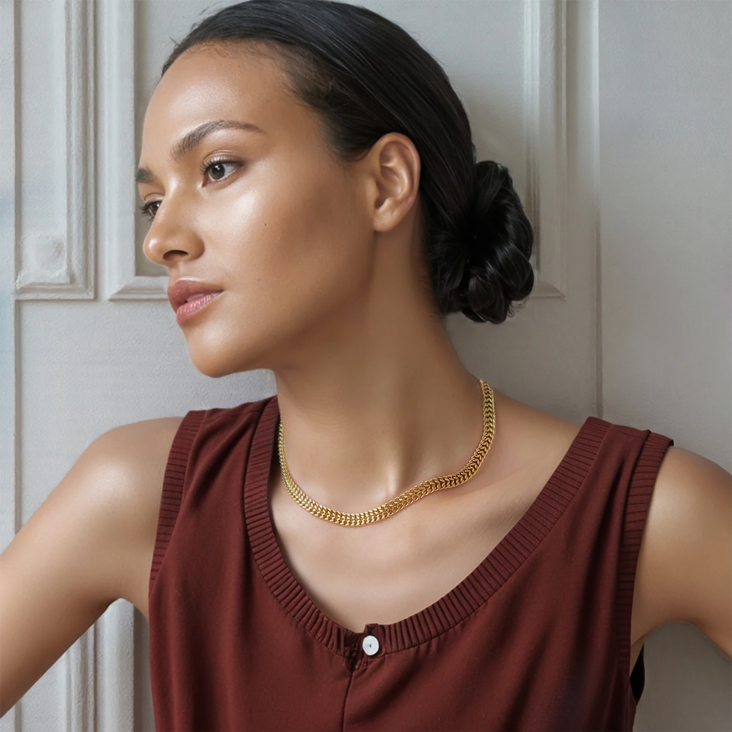 Collier chaîne épaisse femme Acier inoxydable plaqué or 18K vintage – Image 2