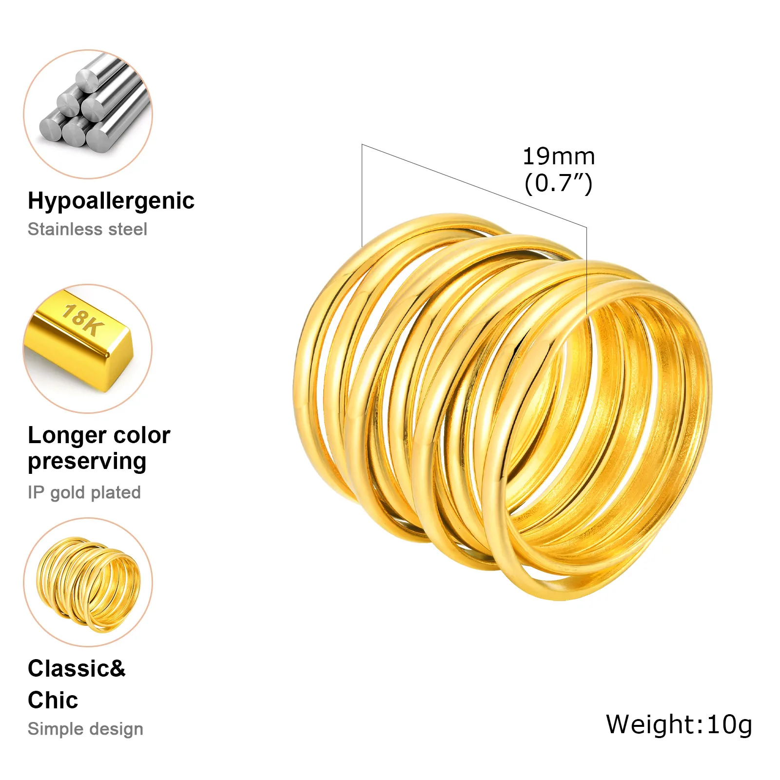 Bague Chunky Multicouche Dorée Femme en Acier Inoxydable – Image 7