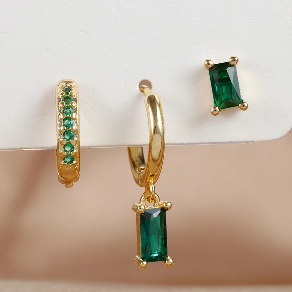Set de 3 Boucles d'Oreilles Pendante Femme Acier Zircon Vert Fleur – Image 10