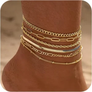Set of 6 Women's Anklets in Gold-Plated Stainless Steel, Waterproof