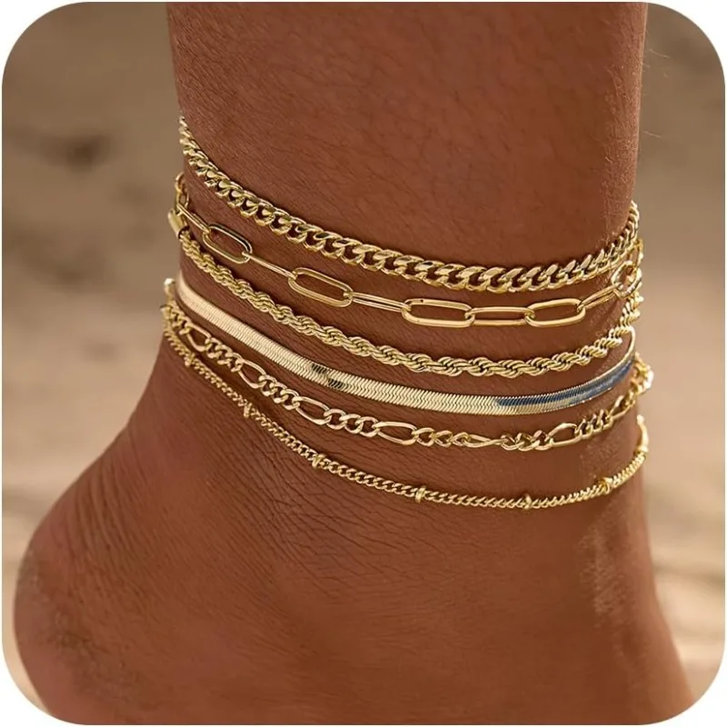 Set 6 Bracelets de Cheville Femme Plaqué Or Acier Inox Étanches – Image 2