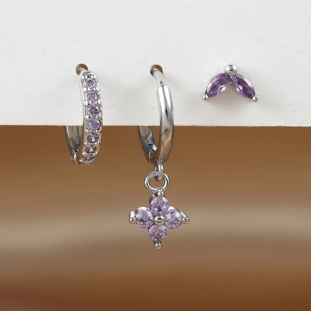 Set de 3 Boucles d'Oreilles Pendante Femme Acier Zircon Vert Fleur – Image 20