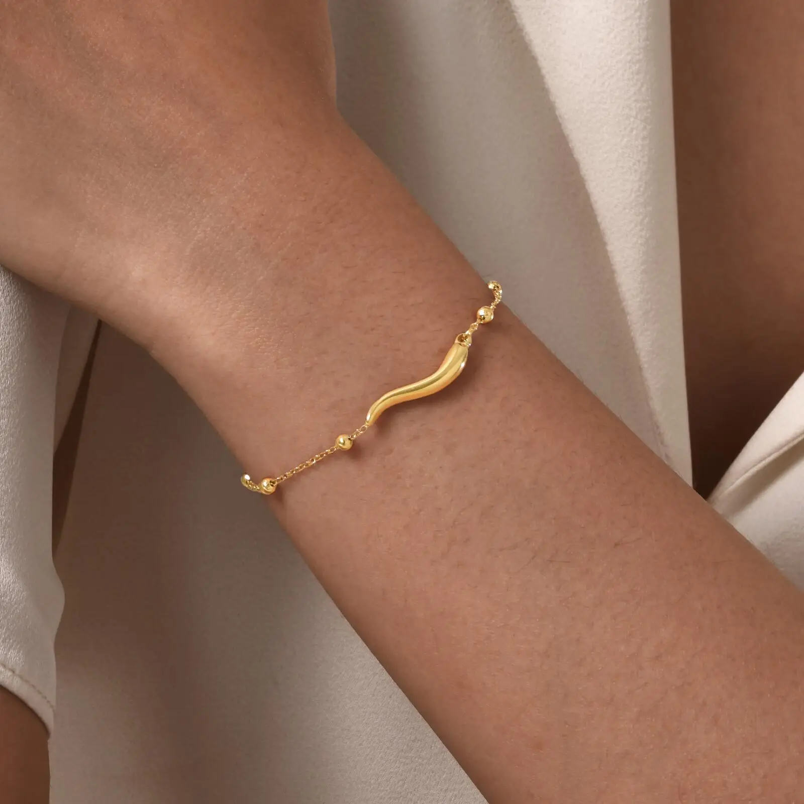 Bracelet Chaîne Satellite Corne Italienne Acier Inox Doré Femme – Image 3