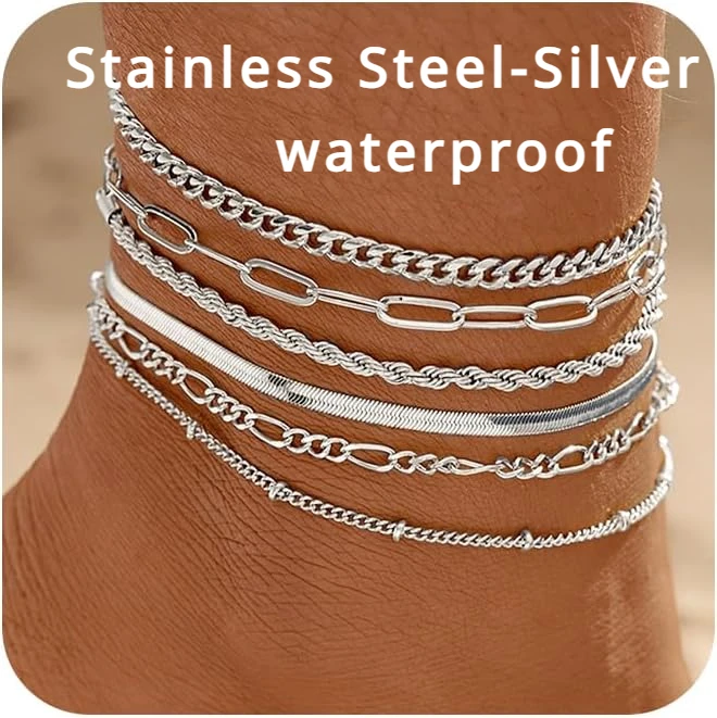 Set 6 Bracelets de Cheville Femme Plaqué Or Acier Inox Étanches – Image 8