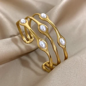 Bracelet Manchette Acier Inox Plaqué Or & Perle Vintage Femme