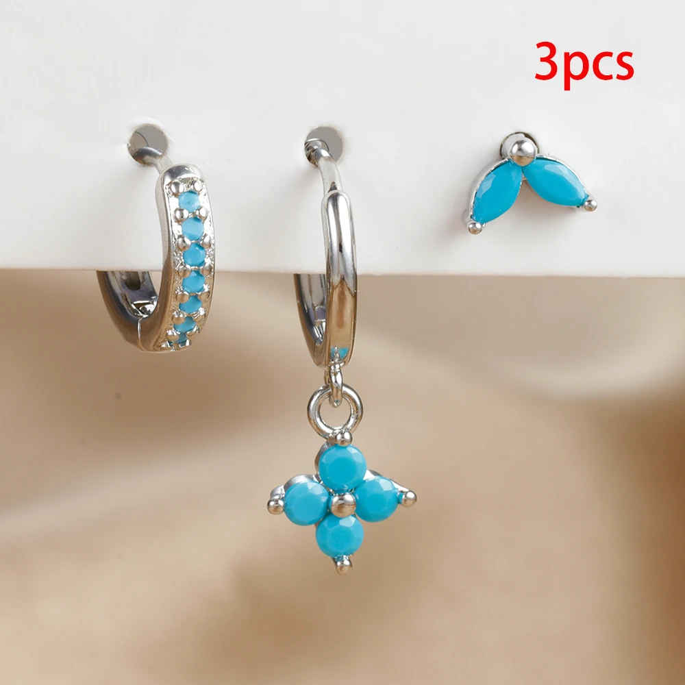Set de 3 Boucles d'Oreilles Pendante Femme Acier Zircon Vert Fleur – Image 18