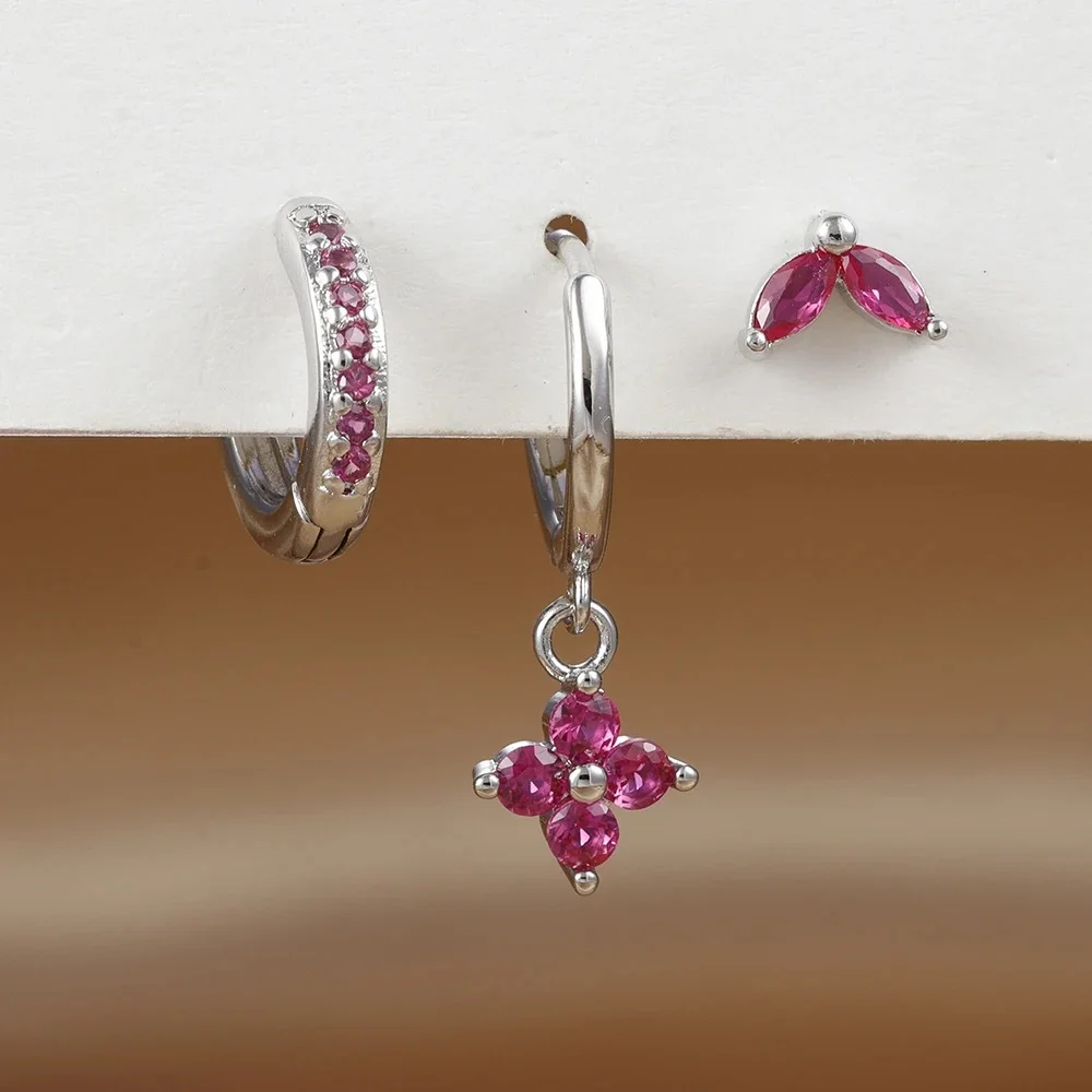 Set de 3 Boucles d'Oreilles Pendante Femme Acier Zircon Vert Fleur – Image 22