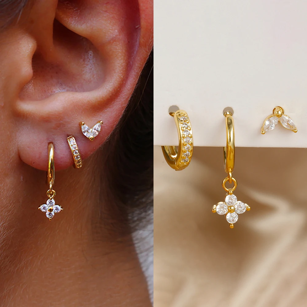 Set de 3 Boucles d'Oreilles Pendante Femme Acier Zircon Vert Fleur – Image 2