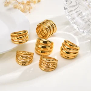 Bague Chunky Multicouche Dorée Femme en Acier Inoxydable
