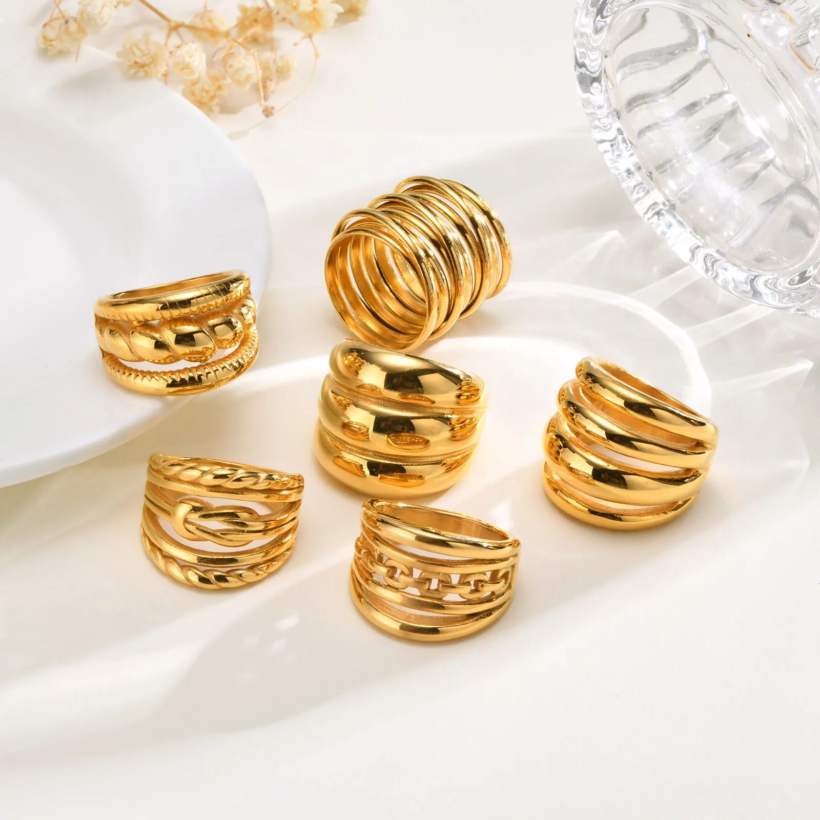 Bague Chunky Multicouche Dorée Femme en Acier Inoxydable