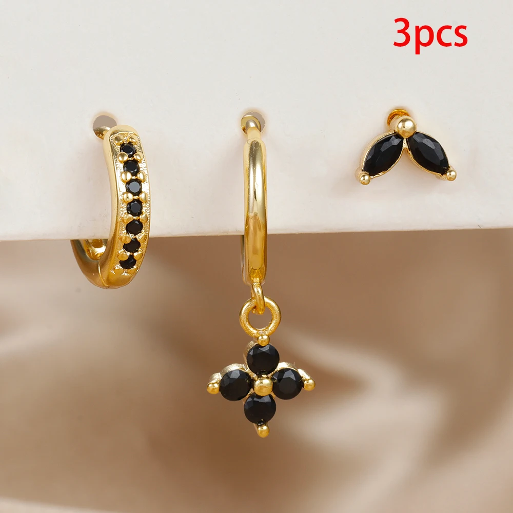 Set de 3 Boucles d'Oreilles Pendante Femme Acier Zircon Vert Fleur – Image 7