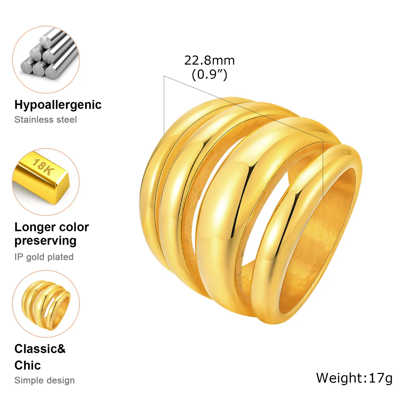 Bague Chunky Multicouche Dorée Femme en Acier Inoxydable – Image 3