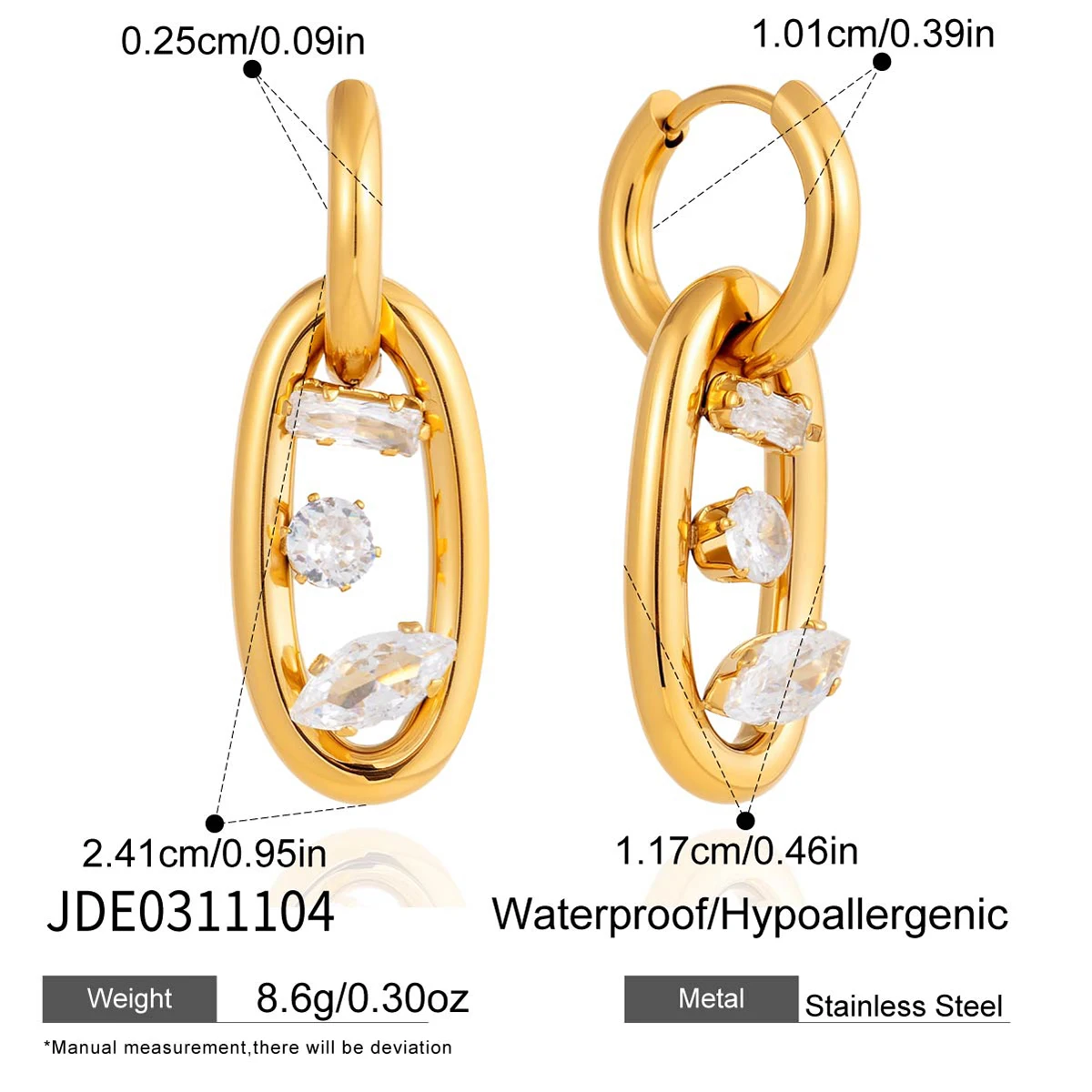 Boucles d'oreilles à double anneau géométrique en acier inoxydable plaqué or 18 carats avec zircon blanc pour femme, bijoux imperméables – Image 6