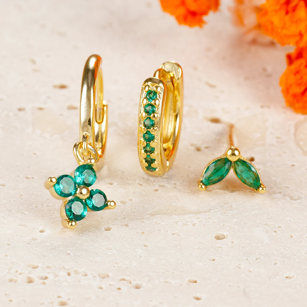 Set de 3 Boucles d'Oreilles Pendante Femme Acier Zircon Vert Fleur – Image 5