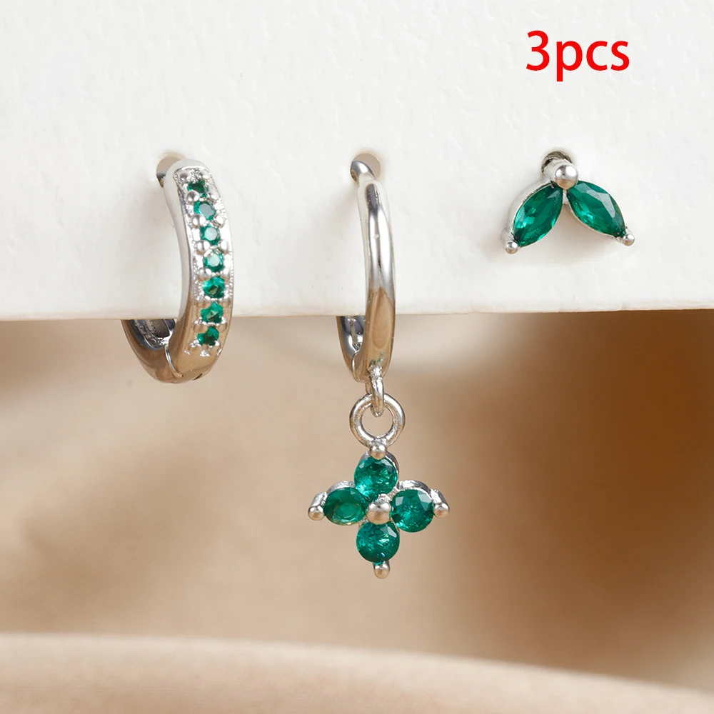 Set de 3 Boucles d'Oreilles Pendante Femme Acier Zircon Vert Fleur – Image 16