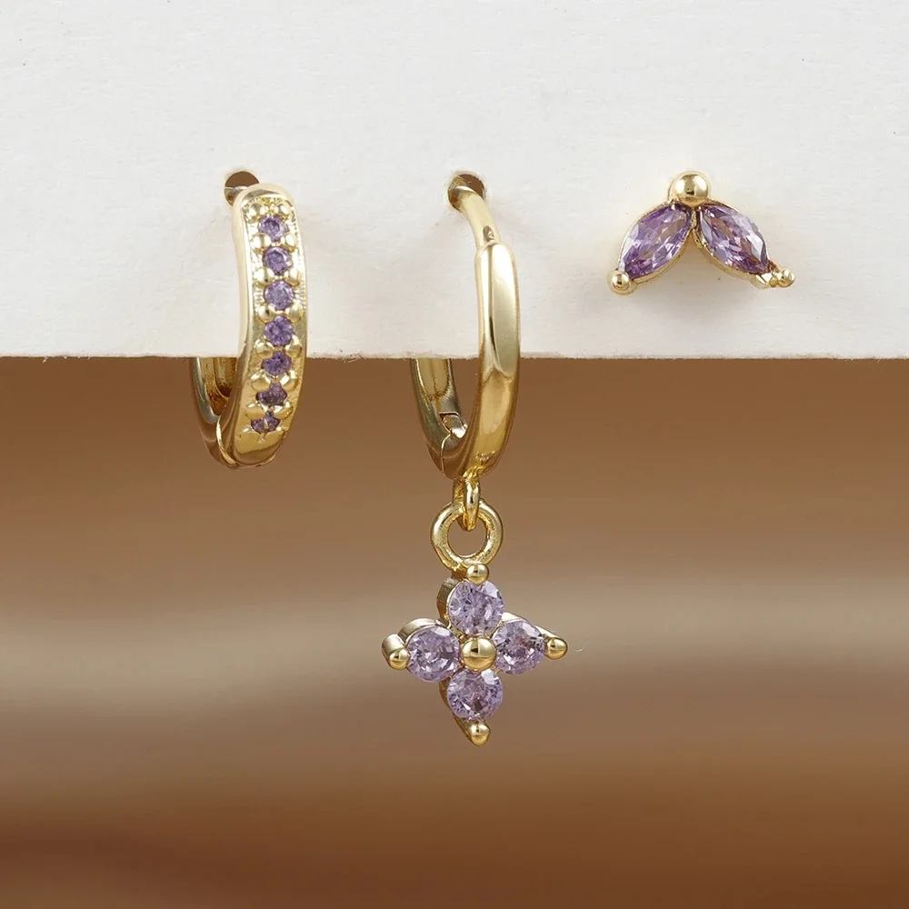 Set de 3 Boucles d'Oreilles Pendante Femme Acier Zircon Vert Fleur – Image 19