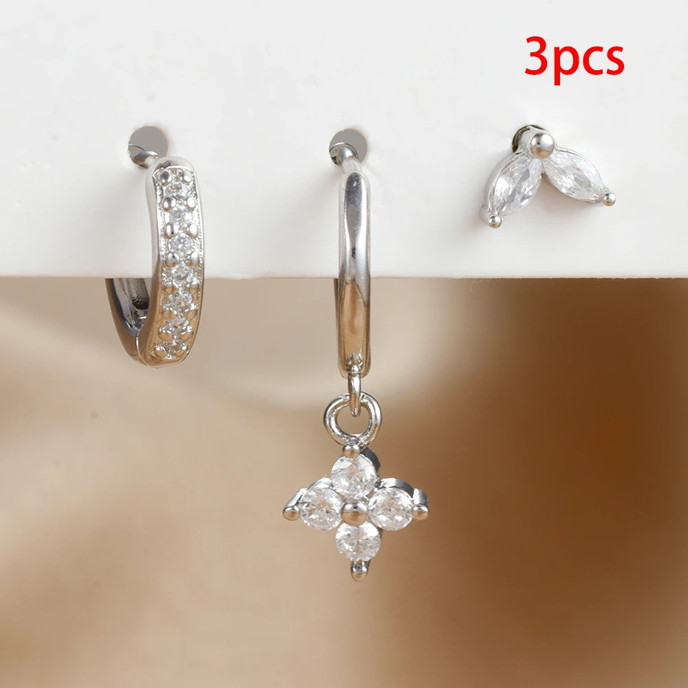 Set de 3 Boucles d'Oreilles Pendante Femme Acier Zircon Vert Fleur – Image 12