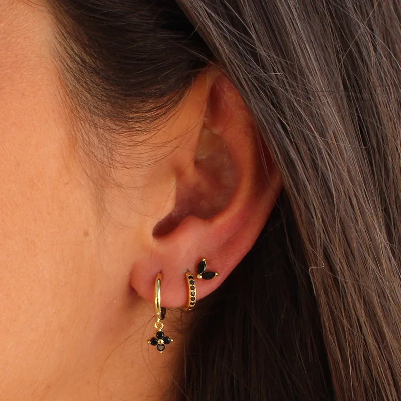 Set de 3 Boucles d'Oreilles Pendante Femme Acier Zircon Vert Fleur – Image 4
