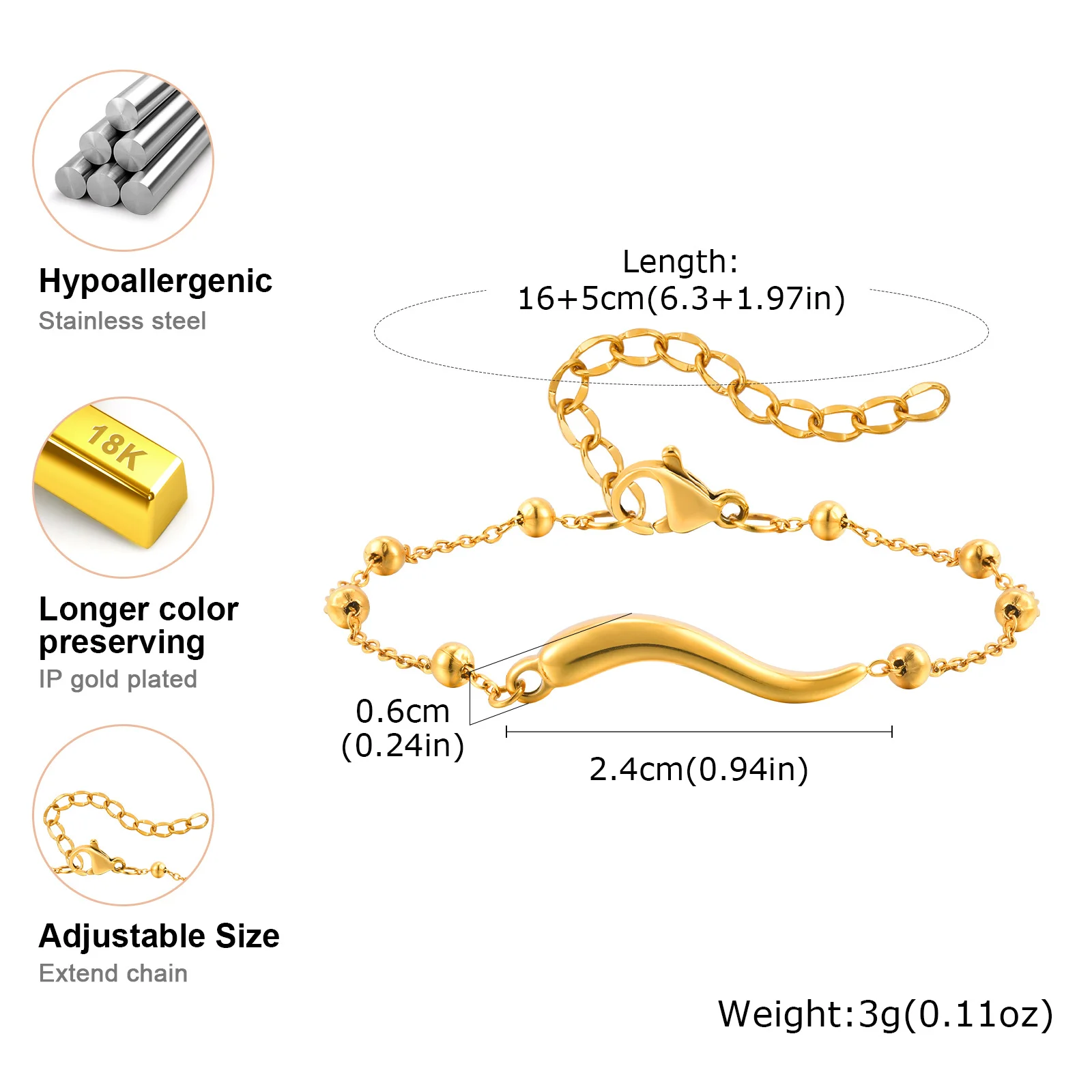 Bracelet Chaîne Satellite Corne Italienne Acier Inox Doré Femme – Image 7