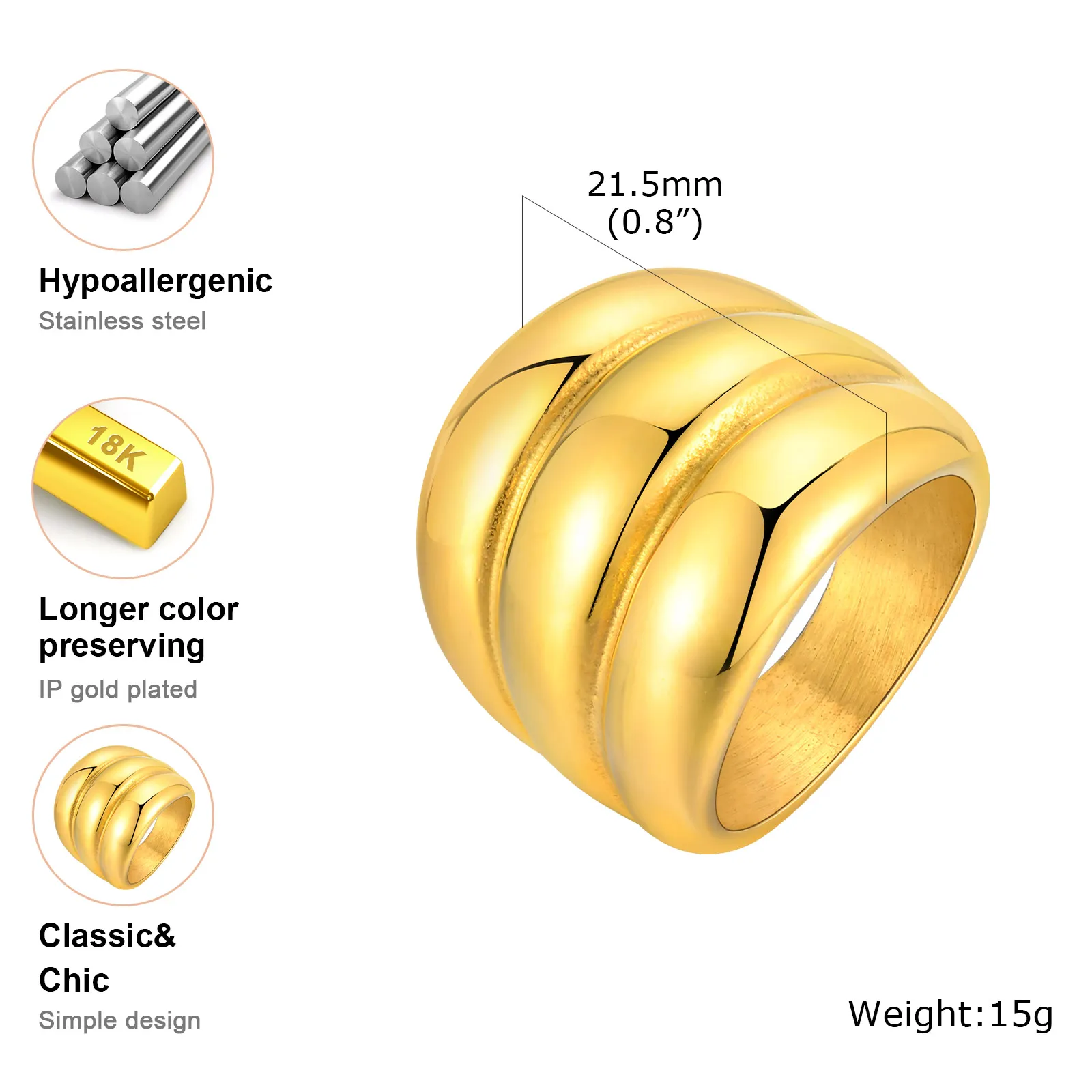 Bague Chunky Multicouche Dorée Femme en Acier Inoxydable – Image 8