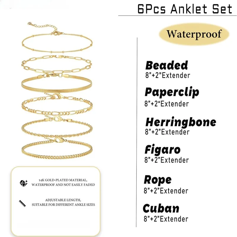 Set 6 Bracelets de Cheville Femme Plaqué Or Acier Inox Étanches – Image 4