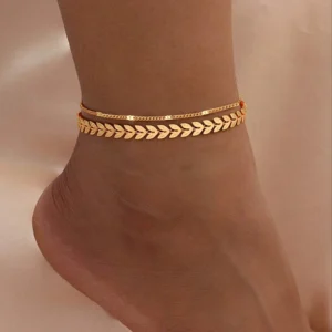Women's Wheat Chain and Flat Link Anklets, Set of Two in Stainless Steel