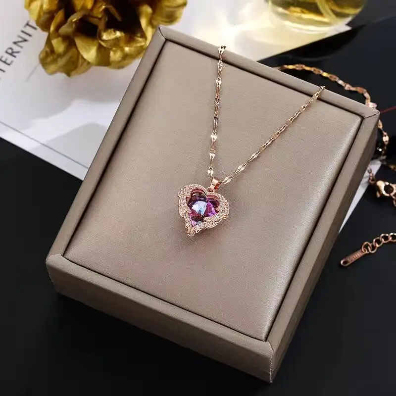 Pendentif Cœur Cristal Irisé, Collier Acier Inoxydable Argenté ou Or Rose — autre finition