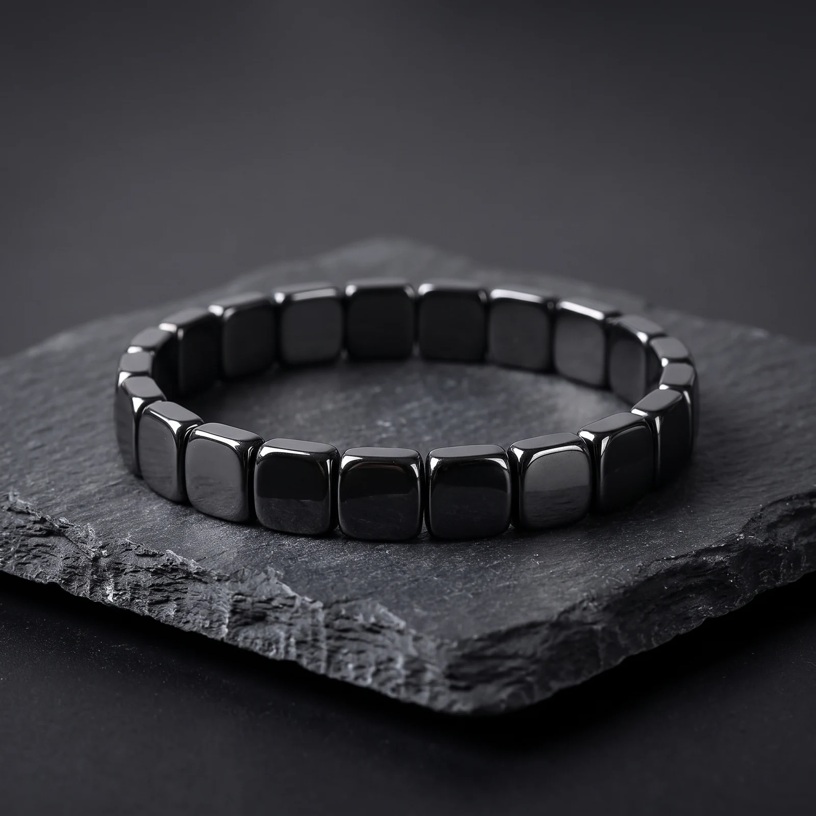 Bracelet homme en perles d'hématite plates posé sur une plaque d'ardoise sombre